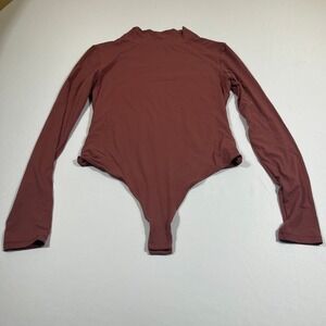 PUMIEI Mock Neck Bodysuit Womens Medium Mauve Long Sleeve Thong Snap